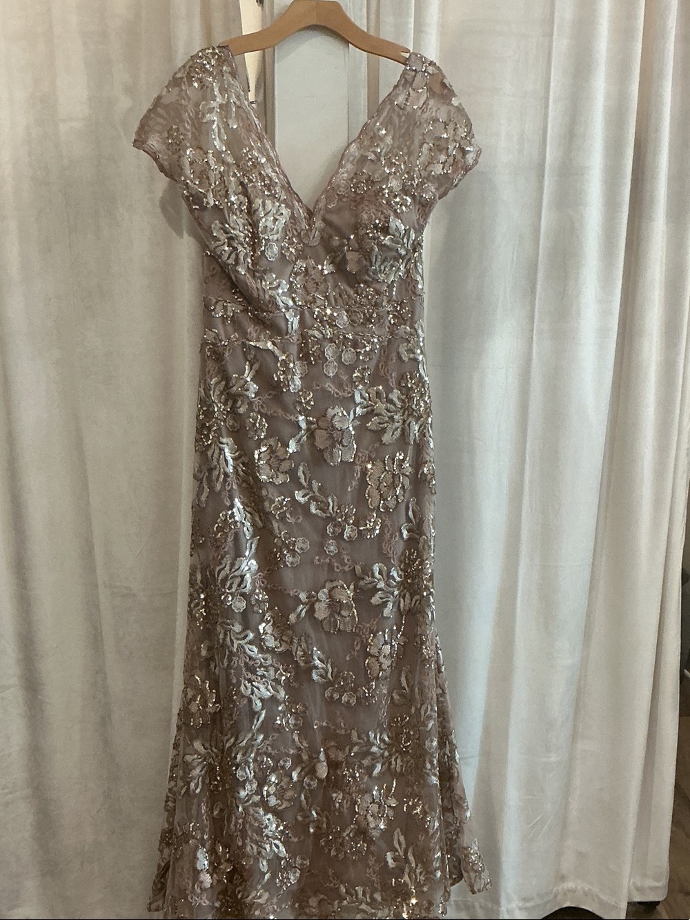 Christina Wu Taupe Floral Sequin Maxi Dress
